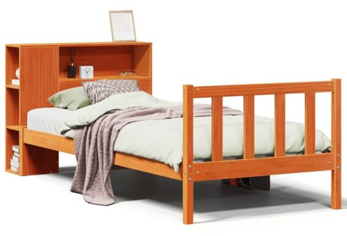 pokgdf Massivholzbett mit Kopfteil und Stauraum für Bücher, Lattenrost für optimale Unterstützung, ohne Matratze, 100x200 cm