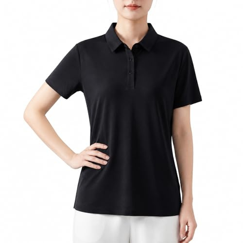 Supcomsta Polo da donna in seta ghiacciata UPF 50+, protezione solare, polo da donna ad asciugatura rapida, top di raffreddamento per golf, lavoro, casual, Nero , M