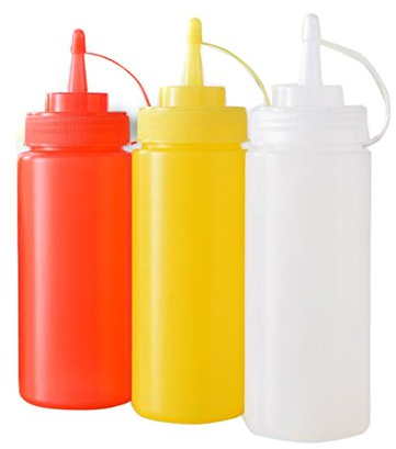 3 botellas de plástico para salsas, para apretar. Recipientes para ketchup, mostaza y aliños.