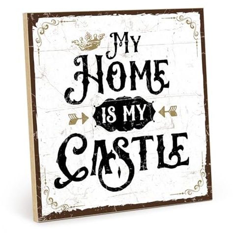 TypeStoff Holzschild mit Spruch – MY HOME IS MY CASTLE – shabby chic retro vintage nostalgie deko Typografie-Grafik-Bild bunt im used-look aus MDF-Holz - HS-00310