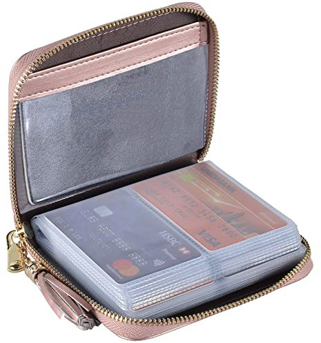 Easyoulife Porte-cartes de crédit pour femme avec fermeture éclair en cuir avec blocage RFID, rose gold, medium, Portefeuille RFID