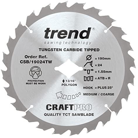 Trend Wood Cordless ATBR Circular Saw Blade, 190mm Diameter, Diamond Bore, 24 Teeth, 1.6mm Kerf, +25° Hook, TCT, Medium Finish, CSB/19024TW
