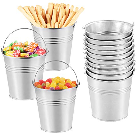 Toyvian Metal Buckets Mini Tinplate Bucket,4 Inch Metallic Pails with Handle for Party Favors, Candy, Votive Candles, Trinkets, Small Plants,12 Pieces