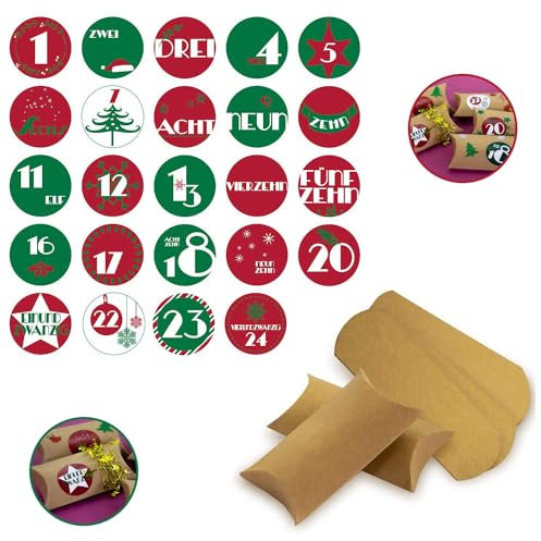 Oblique Unique® DIY Adventskalender Set mit 24 Boxen Schachteln im Vintage Style und 24 Zahlen Stickern Aufkleber für Weihnachten Advent Kisten Taschen zum Befüllen Braun Kraftpapier