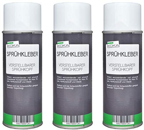KOKA Sprühkleber 400 ml, 3er Set (3 x 400 ml) - hitzebeständiges Klebespray für Dachhimmel, Filz, Leder, Schaumstoff & Kunststoff – starke Haftung, schnelle Trocknung, wasserfest & benzinfest