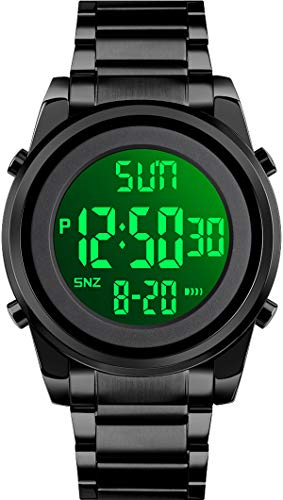 findtime Herren Uhr Digitaluhr für Männer mit Wecker Countdown Stoppuhr LED Hintergrundbeleuchtung Elektronische Armbanduhr mit Edelstahl Schwarz
