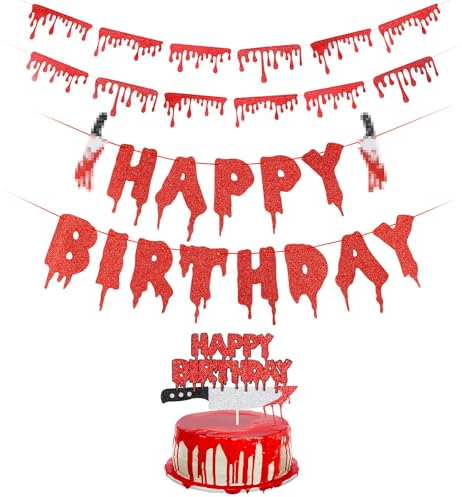 Red Glitter Halloween Happy Birthday Banner and Horror Birthday Cake Topper Halloween Horror Vampire Birthday Banner Halloween Bloody Horror Movie Vampire Diaries Themed Birthday Party Decorations