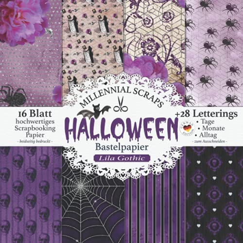 Halloween Bastelpapier Lila Gothic: Scrapbooking Papier & Zubehör I Motivpapier zum Ausschneiden I Mit Letterings I Junk Journal Dekor I Geschenk für Bastelfreunde I Karten Basteln DIY