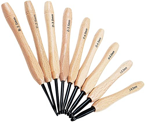 Coopay Holzgriff Häkelnadel Set, 9 Stück Ergonomische Metall Häkelnadeln mit Holzfarbe Holzgriff für Arthritische Hände, Leichte Häkelnadeln Set für Anfänger Erwachsene, Häkelnadelset 2,0-6,0 mm