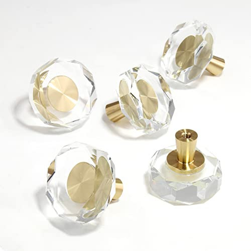 Jersvimc Lot de 6 boutons d'armoire polygone en acrylique – Boutons en lucite dorée en verre transparent – Boutons de commode décoratifs en cristal de luxe en laiton massif pour placard de cuisine et