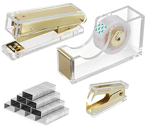 MSDADA Heftklammern Schreibtischzubehör 3 Kit, Transparenter Acrylhefter Set mit 1000 Heftklammern, Heftklammerentferner, Klebebandspender(Golden)