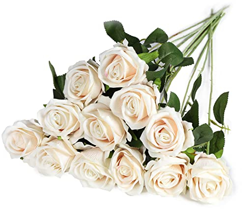 Anaoo 12 STK Künstliche Rosen Blumen Realistische Seidenblumen Rosen Bulk Brautstrauss Blumenstrauß Dekoration Hochzeitsstrauß Party Hausgarten Büro Mittelstücke Dekor Blumenarrangement, Champagne