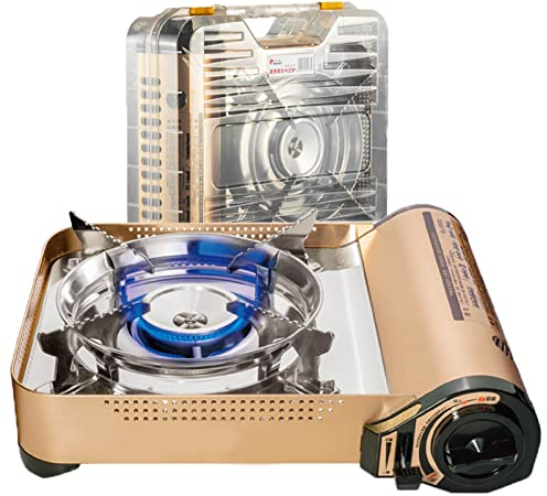 Pórtatil Cocina de Gas Estufa Hornillo de Gas Portátil y Compacto Potencia 3500 W Acero Inoxidable para Acampada Exterior Cocinando con Maletín de Transporte/Parabrisas,Yellow,29 * 33 * 8.7in