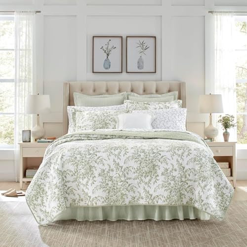 Laura Ashley Bettwäsche-Set für King-Size-Bett, weiche und wendbare Baumwoll-Bettwäsche, mittelschwer, 3-teiliges Bettwäsche-Set mit passenden Kissenbezügen (Bedford Green/Off-White)