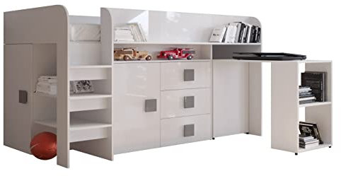 MEBLE KRYSPOL Toledo 1 Hochbett für Kinder, Jugendliche mit Stauraum - Etagenbett mit Schreibtisch, Kleiderschrank, Regal, Schubladen, Treppe - 203,3x106,6x125 cm - Weiß, Weiß, Grau