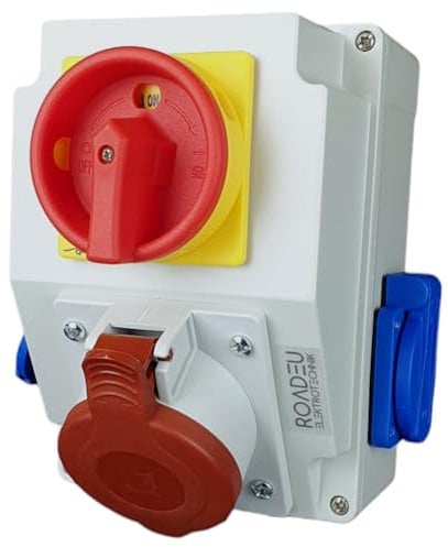 RoadEu toma de pared combi 32A 5P, 2x tomas Schuko 230V, interruptor principal 0-1 con bloqueo
