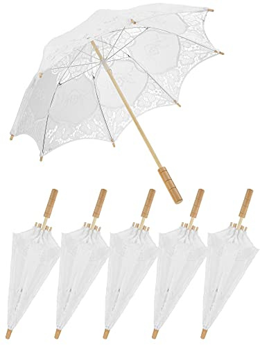 Kajaia 6 Pcs Lace Parasol Umbrella, Vintage Wedding Bridal Umbrella, White
