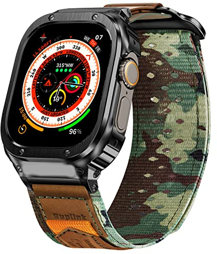 SUPLINK Metallgehäuse mit Nylonband Kompatible Apple Watch Armbänder 49mm,Edelstahl Schutzhülle Armband für iWatch Ultra(Camouflage)