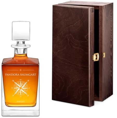 Maverton Cube Whiskykaraffe mit Gravur 810 ml, graviertes Whiskey Dekanter | Mit Namensgravur für Frauen, Whisky Glaskaraffe, Whiskyflasche für Whiskygenießerin, Windrose