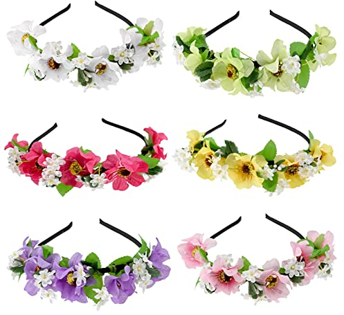 6 Stück Blumenkranz Blume Krone Stirnband,Mehrfarbig Girlande Haarband,Kopfschmuck Böhmische,Haarreifen Haarschmuck Garland,Haar Zubehör für Kinder Frauen Mädchen Braut Hochzeit Geburtstag Party