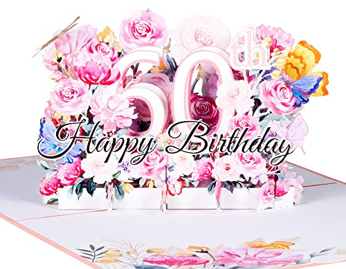 Biglietto Auguri Compleanno Pop Up 3D,Biglietti Auguri Compleanno 60 Anni Con Busta,Fiori Rosa e Farfalle,Biglietti d'anniversario,Biglietti d'invito,Biglietti di Buon Compleanno