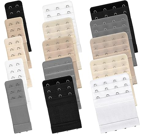 Bigqin 15 Stück Bh-Verlängerung, elastische BH Erweiterung 4 Haken BH-Träger 3 Haken BH Verlängerung 2 Haken - Grau Weiß Beige Hautfarbe Schwarz