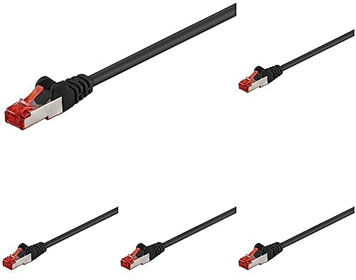 goobay 92743 CAT 6 Kabel Lan Netzwerkkabel für Gigabit Ethernet S-FTP doppelt geschirmtes Patchkabel mit RJ45 Stecker, 0,25m, Schwarz (Packung mit 5)