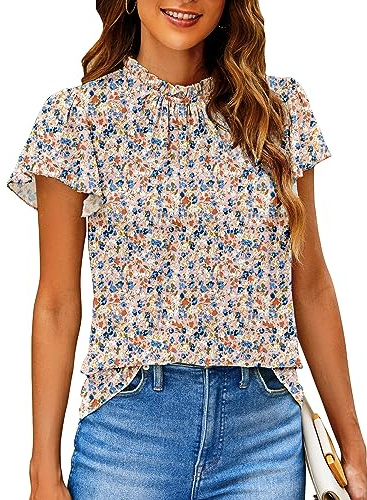 SimpleFun Floral Short Sleeve Shirts for Women Boho Ruffled Collar Summer Top Blouse Pink Blue L