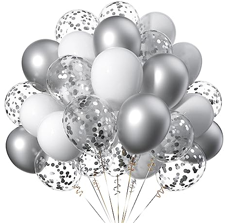 12 Zoll Silber Weiß Helium Latex LuftBallons,Ballons mit Silber Konfetti für Partys Dekoration-50 Stück