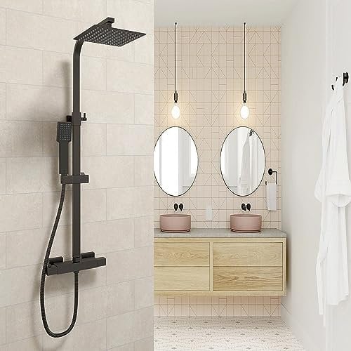 OCEAN ITALY Kit Doccia con Soffione, Doccetta, Miscelatore Quadrati, Soffione Doccia 20x20cm Acciaio Inox con Ugelli Anticalcare, Colonna Doccia Termostatico Antiscottatura, Nero Opaco