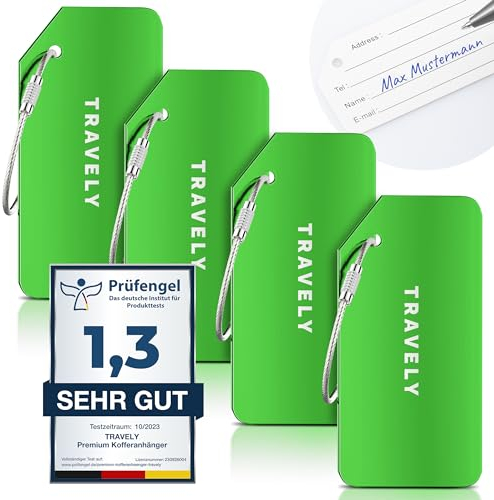 Travely Premium Kofferanhänger - leicht Erkennbar, Robust & Sicher - inkl. Namensschild und Privatsphäre Schutz I Vielseitig und Praktische Adressanhänger, Namensanhänger & Gepäckanhänger