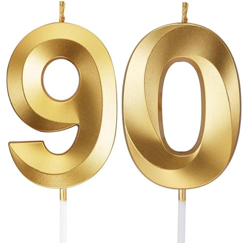 Birthday Candles Number Candles Age Year for Cakes Happy Birthday 3D Designed Wedding Anniversary Party Cake Topper Decorations (Gold, 90)
