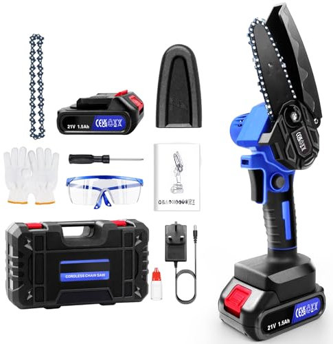 Huini Cordless Chainsaw, Mini Chainsaw, 21V Portable Chainsaw, Handheld Chainsaw with 2X 1500mAh Lithium-Ion Batteries, Installation Free, Suitable for Tree and Branch Cutting (Blue)