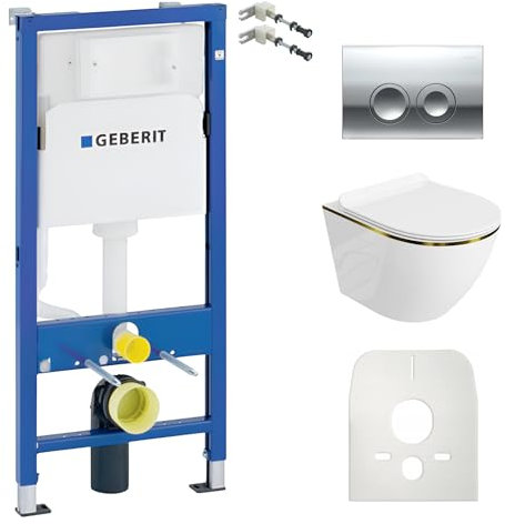 Lavita Duofix Basic Vorwandelement + Wand Tiefspül WC Sofi Slim Gold Line Spülrandlos + WC Sitz + Bedienplatte Delta 25 Verchromt Knopf Komplettset Unterputz Spülkasten Toilette Komplett Sett