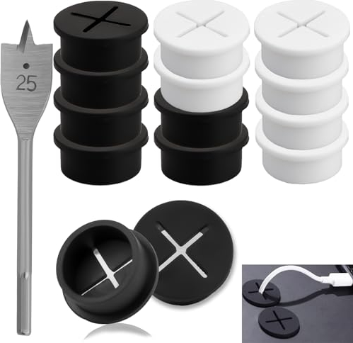 SWTYExt 12 Stück Kabeldurchlass 25mm Kabeldurchführung Schreibtisch Schwarz & Weiß Kabeldurchlass Schreibtisch Flexible Silikon Tisch Kabeldurchführung mit 1 Bohrer für Büro Schule Computer Zuhause