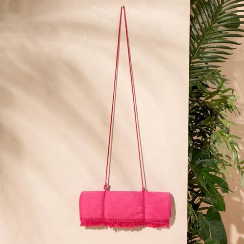 Sienna Serviette de Plage avec Pompons - Séchage Rapide - en Microfibre - Légère, Super Douce, pour Les Vacances d'été, la Piscine, la Salle de Sport - Facile à Enrouler et à Transporter - Rose (71 x