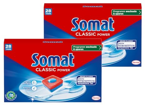 Somat Classic Power Spülmaschinen Tabs, 56 Tabs (2x 28 Tabs), Geschirrspül Tabs mit Fettlösekraft für kraftvolle Reinigung, Spültabs für strahlend sauberes Geschirr sogar bei niedrigen Temperaturen