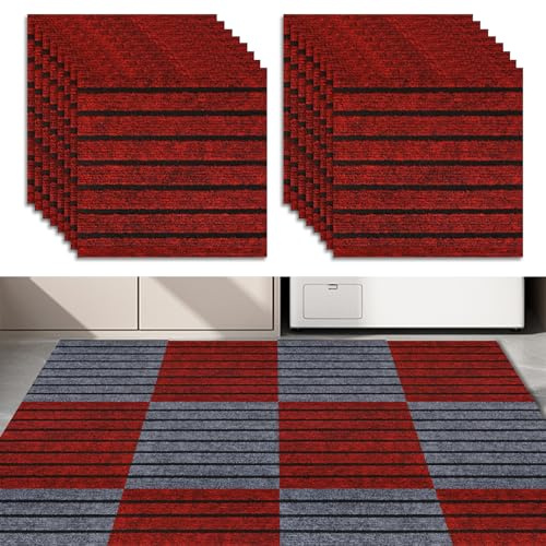 24PCS Self Adhesive Carpet Tile, 30 x 30cm Soft Anti Slip Splicable Peel and Stick Carpet Floor Tile, Decorative Interior Floor Stickers for Meeting Room (Red)