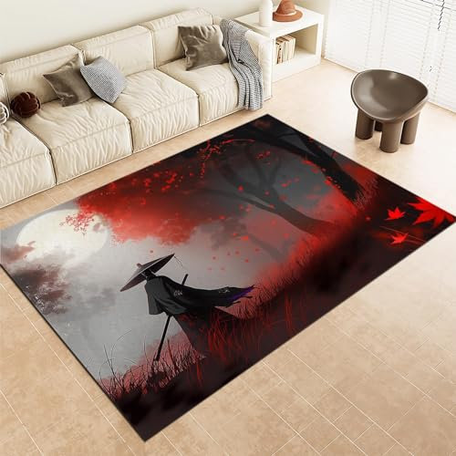 Cartoon-Stil Teppich Waschbar in Waschmaschine Japanische Samurai-Comics Teppich Wohnzimmer Wohnkultur Flanell Rug Couchtisch Schlafzimmer Nachttisch Matte Großer Teppich 120 x 170cm
