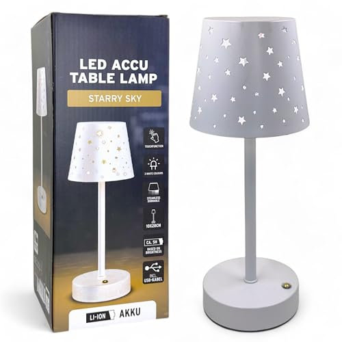 kabellose LED-Tischlampe LED Akku-Tischleuchte mit Touch-Schalter, dimmbar kabellos tragbar, Leselampe Nachttischlampe für Wohnzimmer, Schlafzimmer, Schreibtisch, Lesen (Weiß - Schirm mit Sternen)