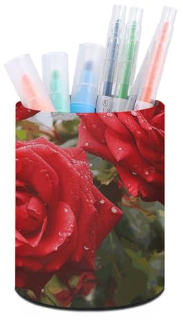 BTCOWZRV Trousse à crayons ronde en cuir synthétique avec roses rouges pour bureau, organiseur rétractable