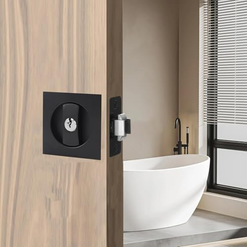 Betensh Privacy Pocket Door Lock Sliding Door Handle with Key Recessed 2 Sided Door Lock Mortise Keyed,66 mm Black