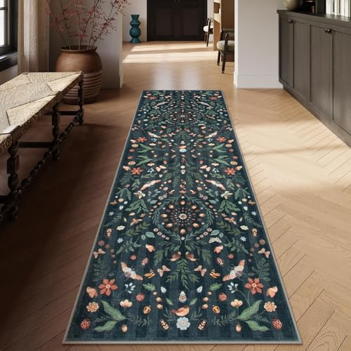Lahome Insect Botanical Läufer für Flur, rutschfest, waschbar, Küche, Badezimmer, Teppichläufer, weich, rutschfest, für Eingangsbereich, Waschküche, Schlafzimmer, Schwarz, 60 x 25 cm, Schwarz