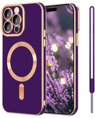 SouliGo Cover magnetica per iPhone 15 Pro compatibile con MagSafe e supporto magnetico per auto, protezione dell'obiettivo tutto compreso sottile anti-graffio morbido TPU Custodia a tasca, viola scuro