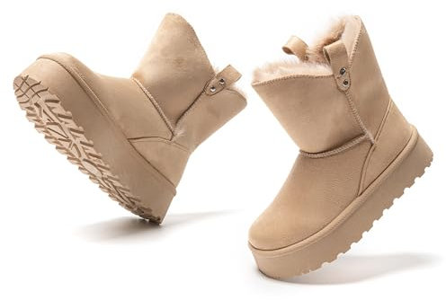 JOMIX Stivaletti Donna Invernali Stivali Ragazze Bassi Scarpe Caldi Imbottiti Pelliccia Sintetica Comodi da Neve MD9765-6 (Beige, 36)