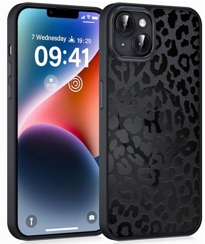 Coiwxmoi Magnetische Handyhülle für iPhone 14 Plus 6,7 Hülle, Kompatibel mit MagSafe, Aesthetic Leopard Muster Transluzente Mädchen Case, Matte PC Dünn TPU Bumper Stoßfest Schutzhülle - Schwarz 02