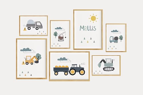 Kinderzimmer Bilder Junge personalisierbar mit Namen, Wanddeko mit Fahrzeugen: Traktor, Bagger, Abrissbirne Kinderspruch, Bagger als 7er Set ohne Rahmen (Weiß ohne Spruch, 4x DIN A4 & 3x DIN A3)