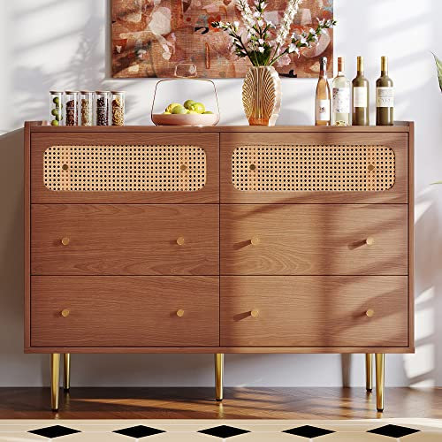 Merax Vintage Rattan Sideboard Kommode mit 6 Schubladen, Anrichte für Esszimmer, Küche, Wohnzimmer und Schlafzimmer, H90/B120/T40 cm(Nussbaum)