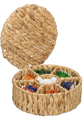 Relaxdays Teebox, 7 Fächer, 80 Teebeutel, geflochtener Tee-Organizer, rund, HxD: 11,5 x 28 cm, Wasserhyazinthe, Natur