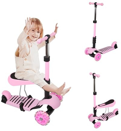 Homewell 2-in-1 Dreirad-Roller mit Sitz für 3-8 Jahre, Scooter, Tretroller für Kinder mit 3 leuchtenden Rädern, Kinder-Roller, faltbar, mit verstellbarer Höhe, max. Belastung 50 kg (Rosa)